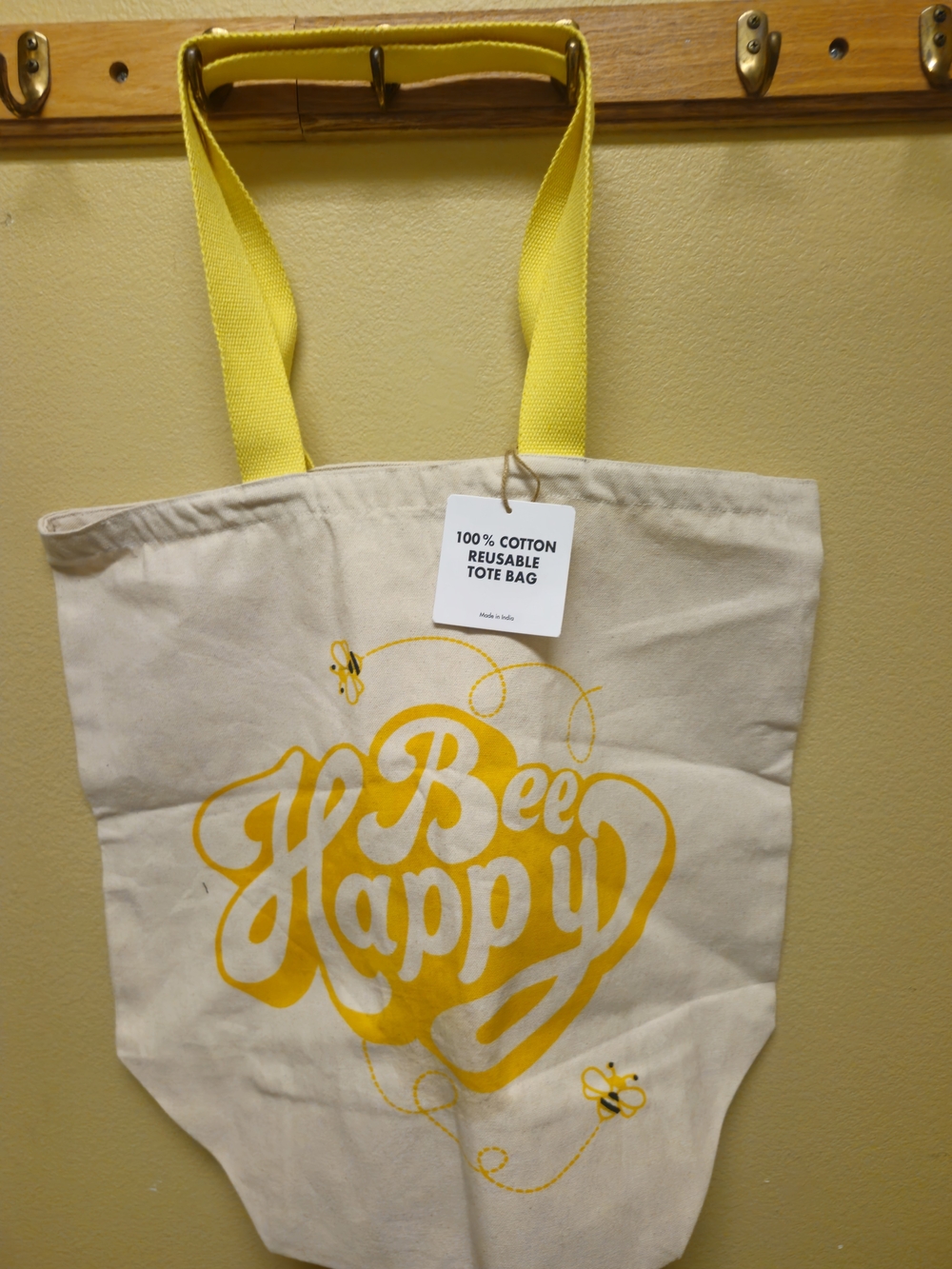 Source Unknown Cream Cotton Tote with Yellow 'Bee Happy' Print